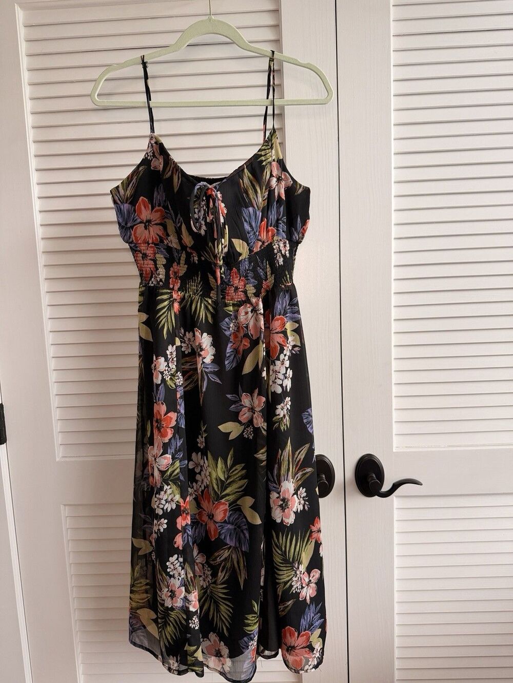 Patrons of Peace Tropical Floral Maxi Dress M Black Smocked Waist Slit NWT